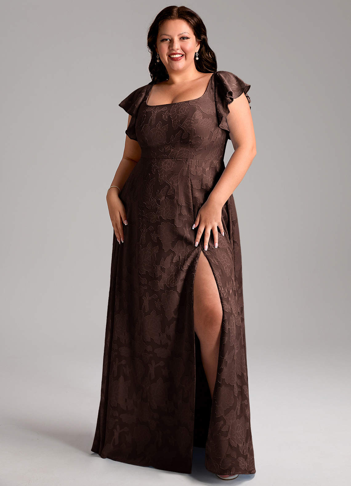 Azazie Bondi Bridesmaid Dresses Ganache A-Line Side Slit Floral Burnout Dress image1