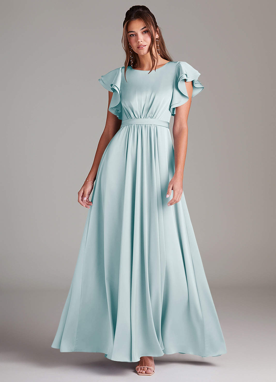 Azazie Daphne Bescheidene Brautjungfernkleider A-Linie Gestreift Stretch-Satin Bodenlänge Kleid image1