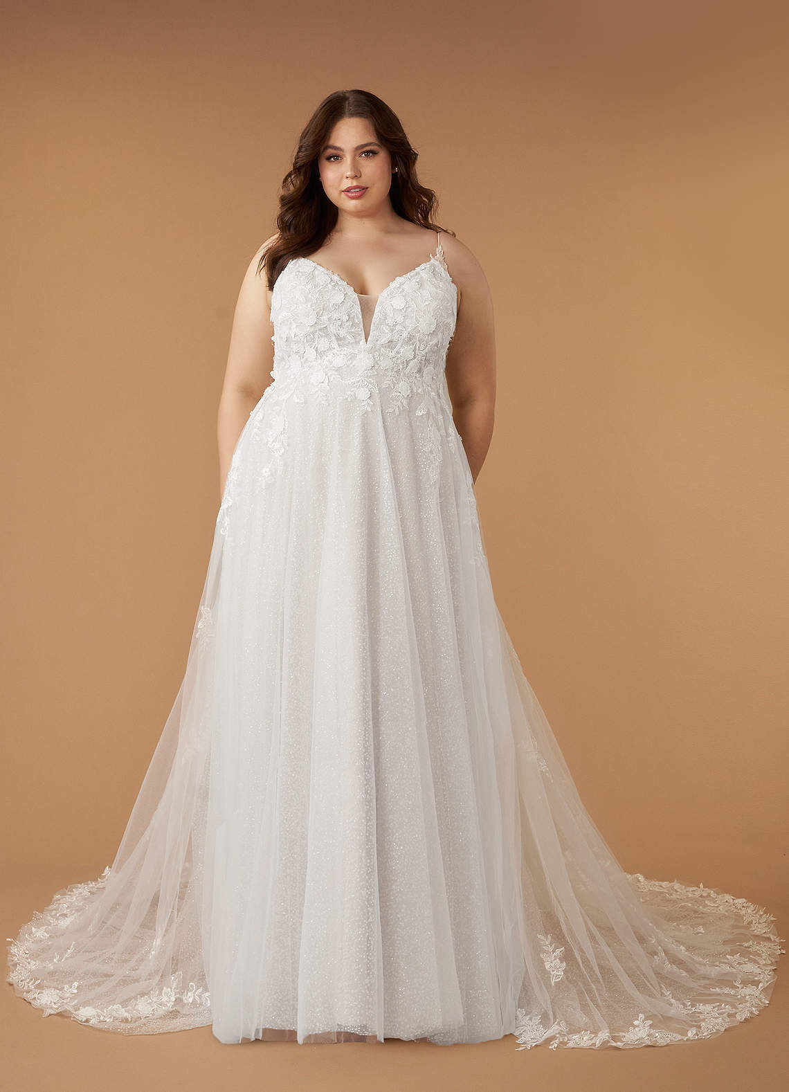 Azazie Arabelle Wedding Dresses Diamond White A-Line V-Neck Lace Tulle Dress image6