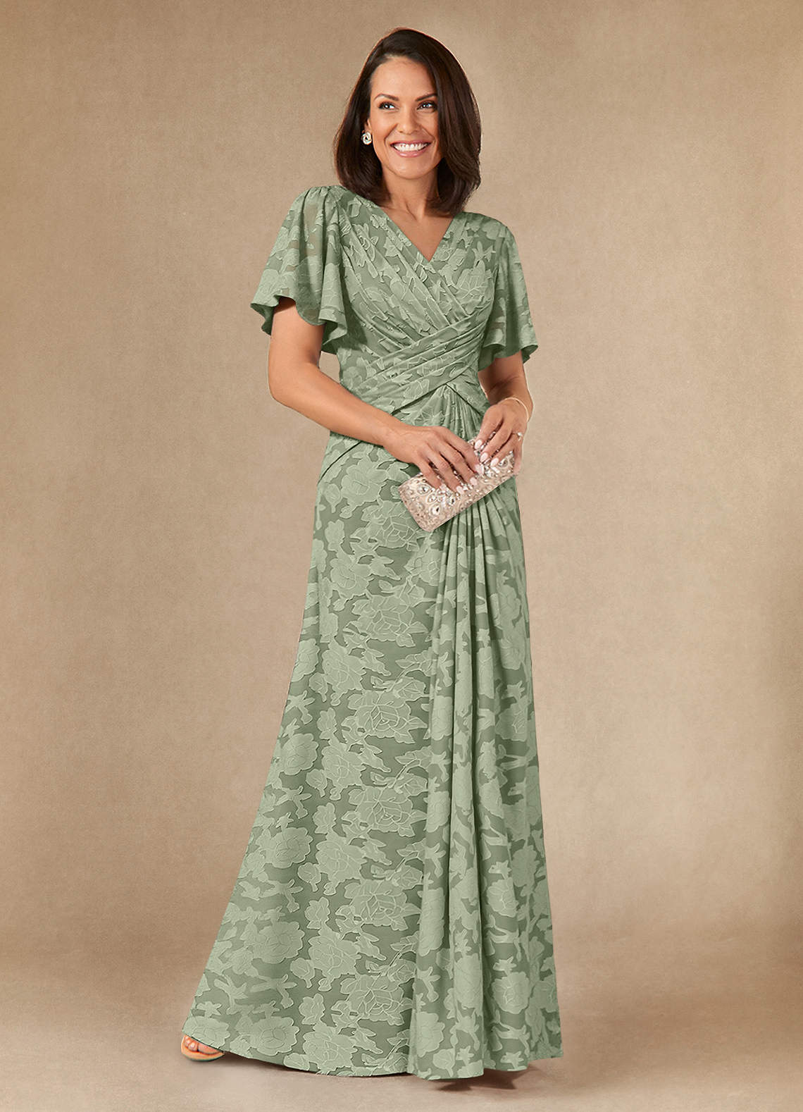 Azazie Emmeline Mother of the Bride Dresses Dusty Sage A-Line Pleated Floral Burnout Dress image1