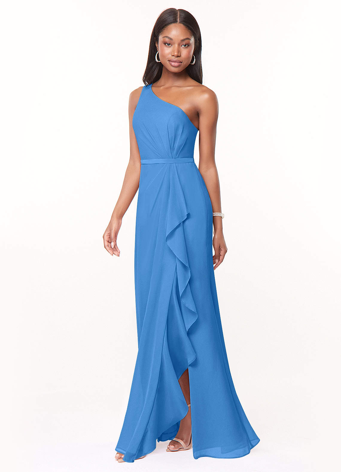 Azazie Liza Vestidos de damas de honor Vestido de Azul Grisaceo de Gasa de Corte Sirena con Hombro unilateral image1