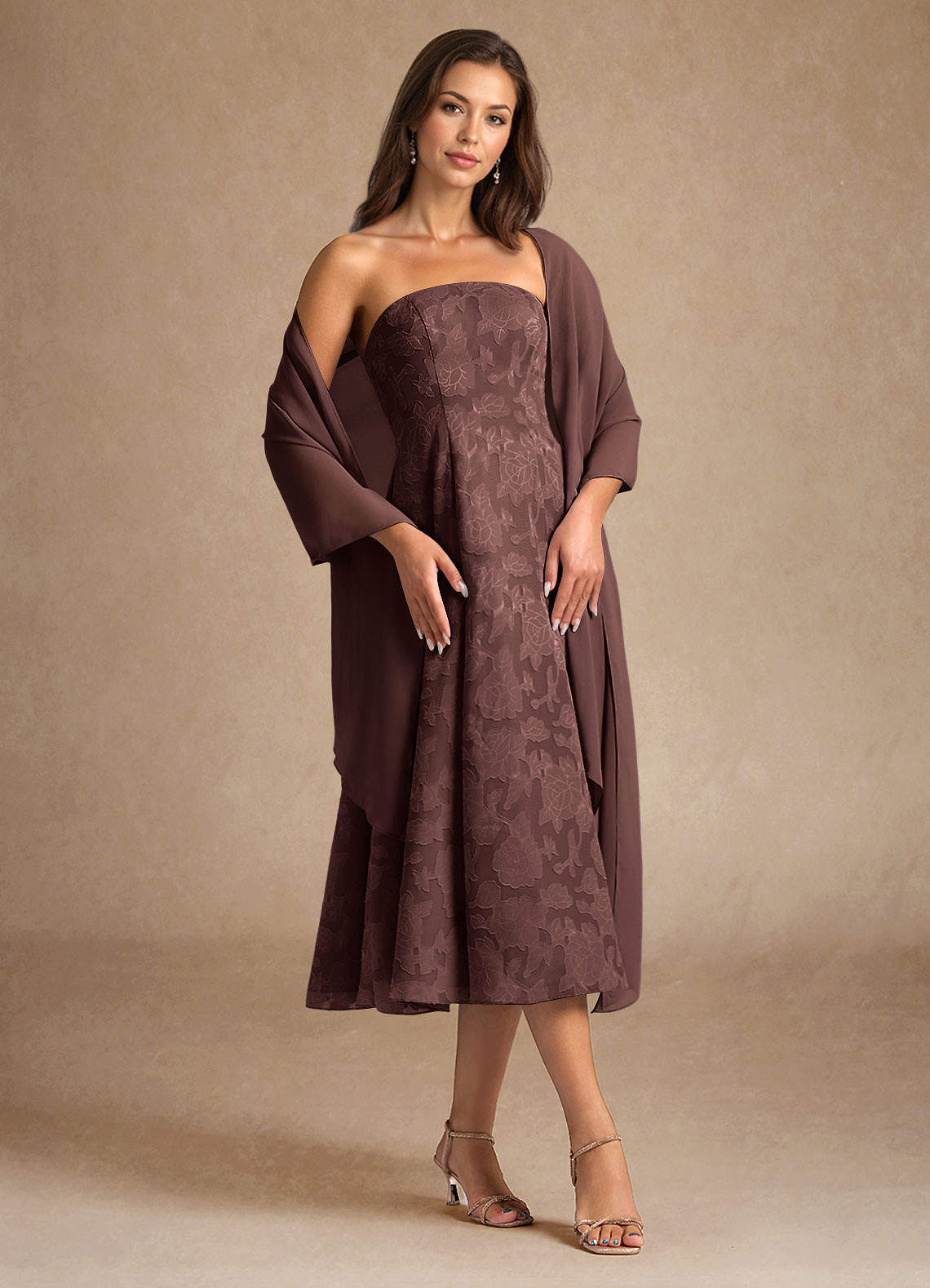 Azazie Lorain Espresso A-Line Pleated Floral Burnout Dress Ready
