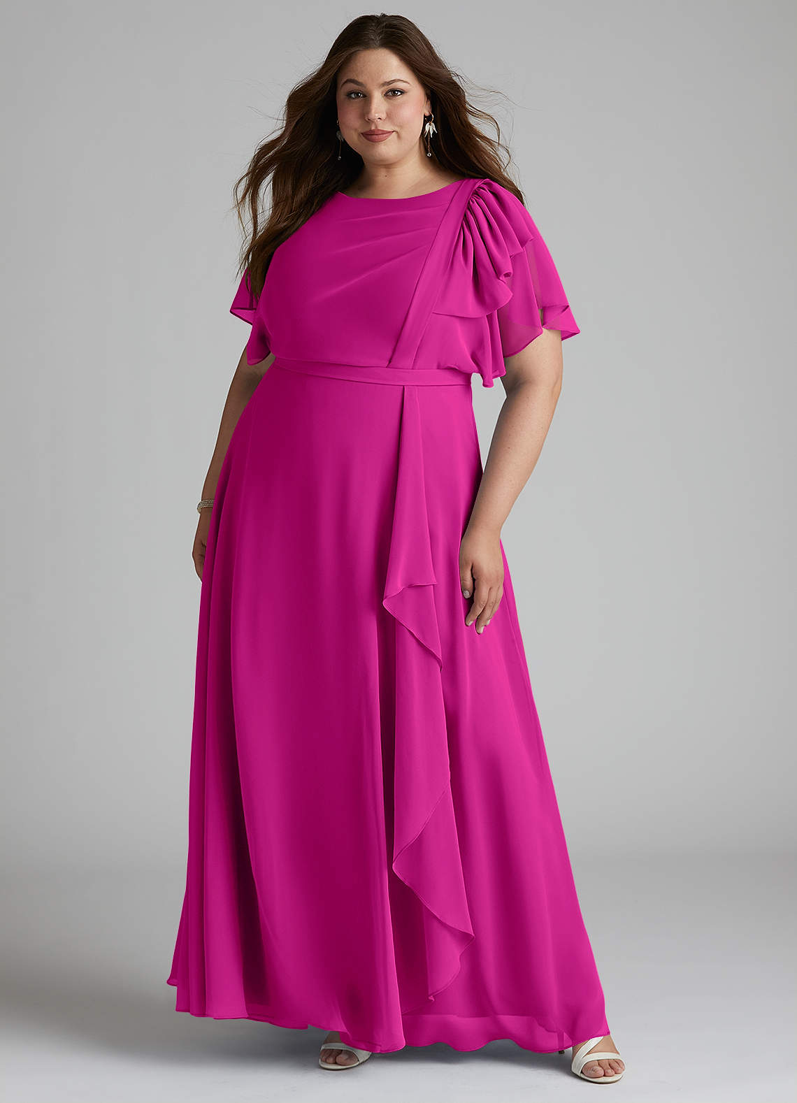 Azazie Aaliyah Vestidos modestos de dama de honra Vestido Linha A Plissado Comprimento do chão Chiffon image5