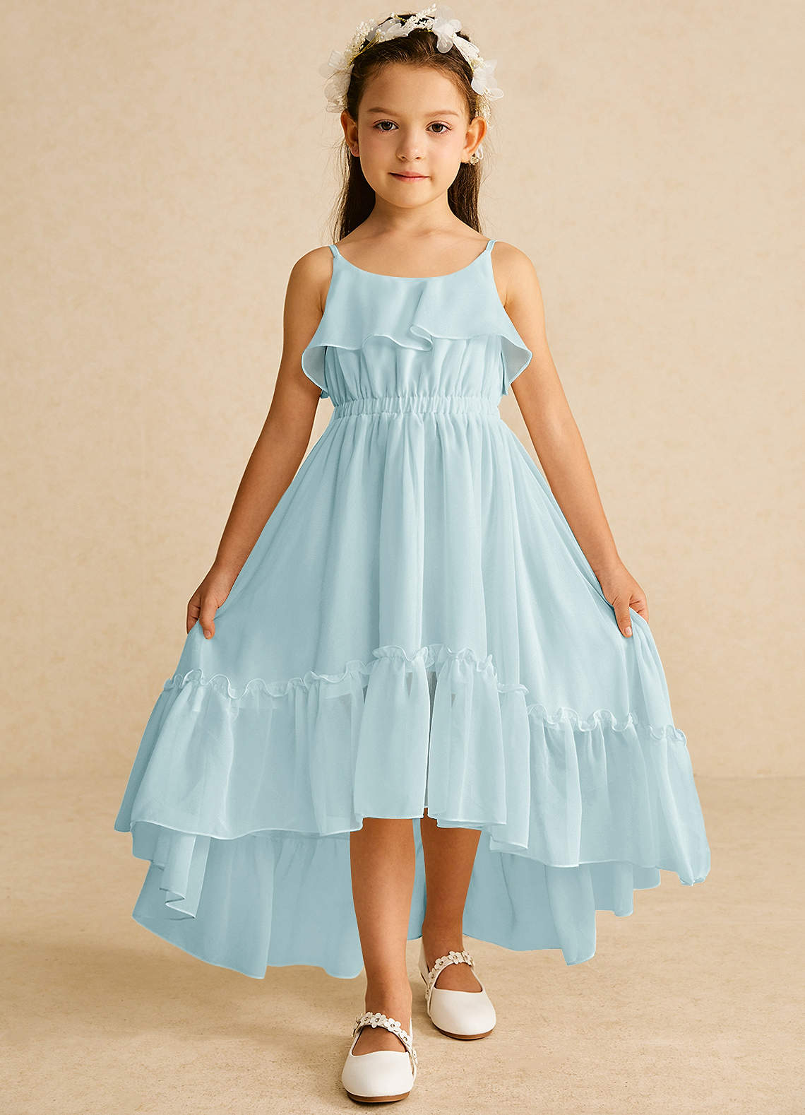Azazie Karmen Flower Girl Dresses Mist A-Line Ruched Chiffon Dress image1