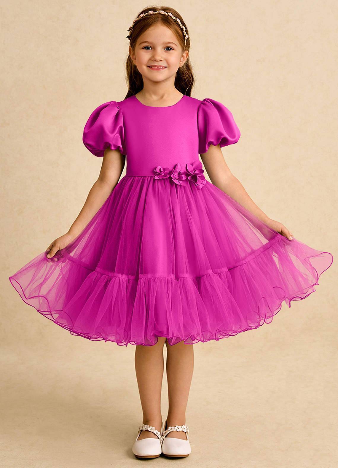 Azazie Cocoa Abiti da Ragazza di Fiori Abito Principessa in Tulle Plissettato Fucsia image1