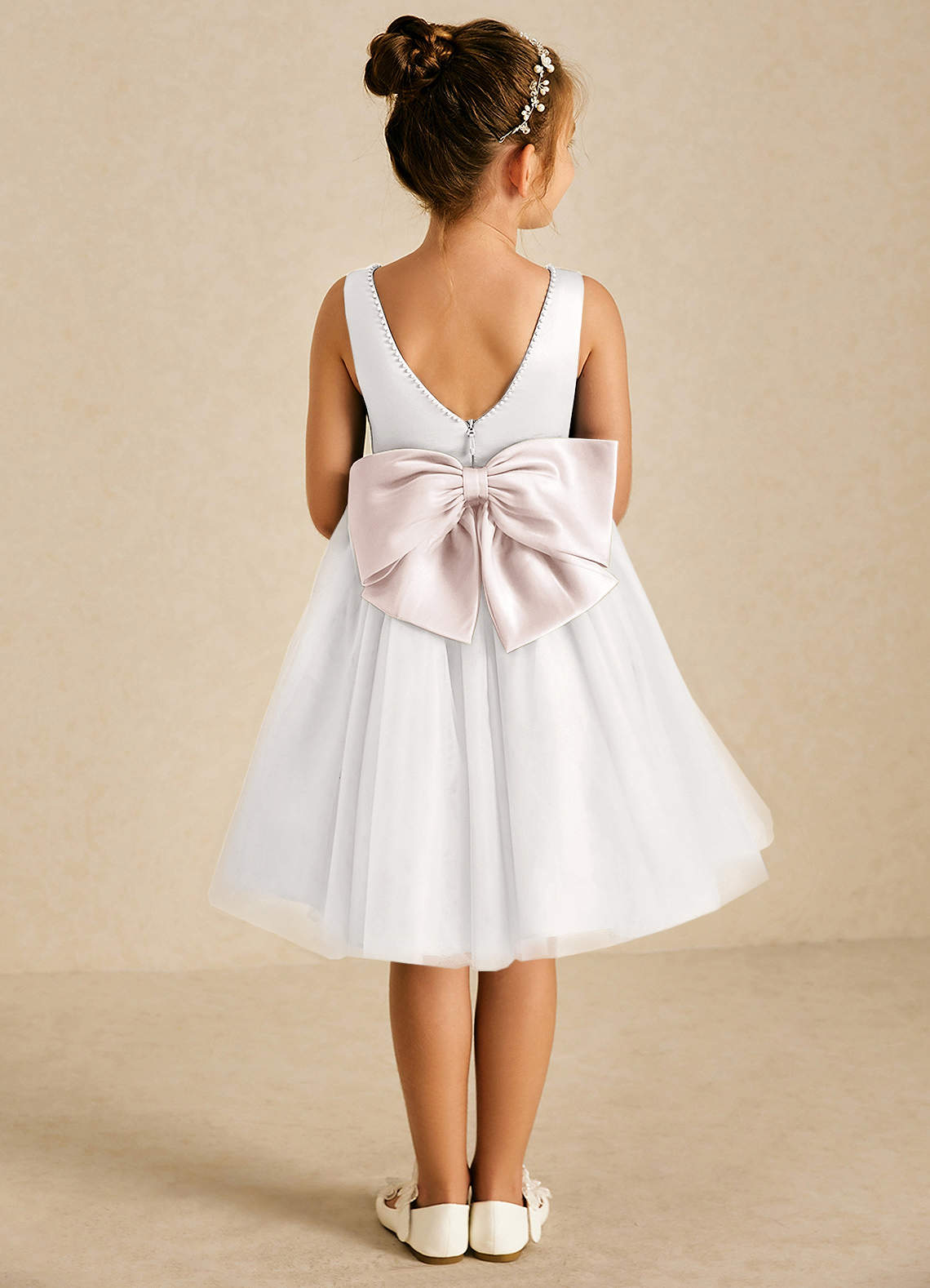 Azazie Seline Flower Girl Dresses Ivory Rose Petal A-Line Bow Tulle Dress image1