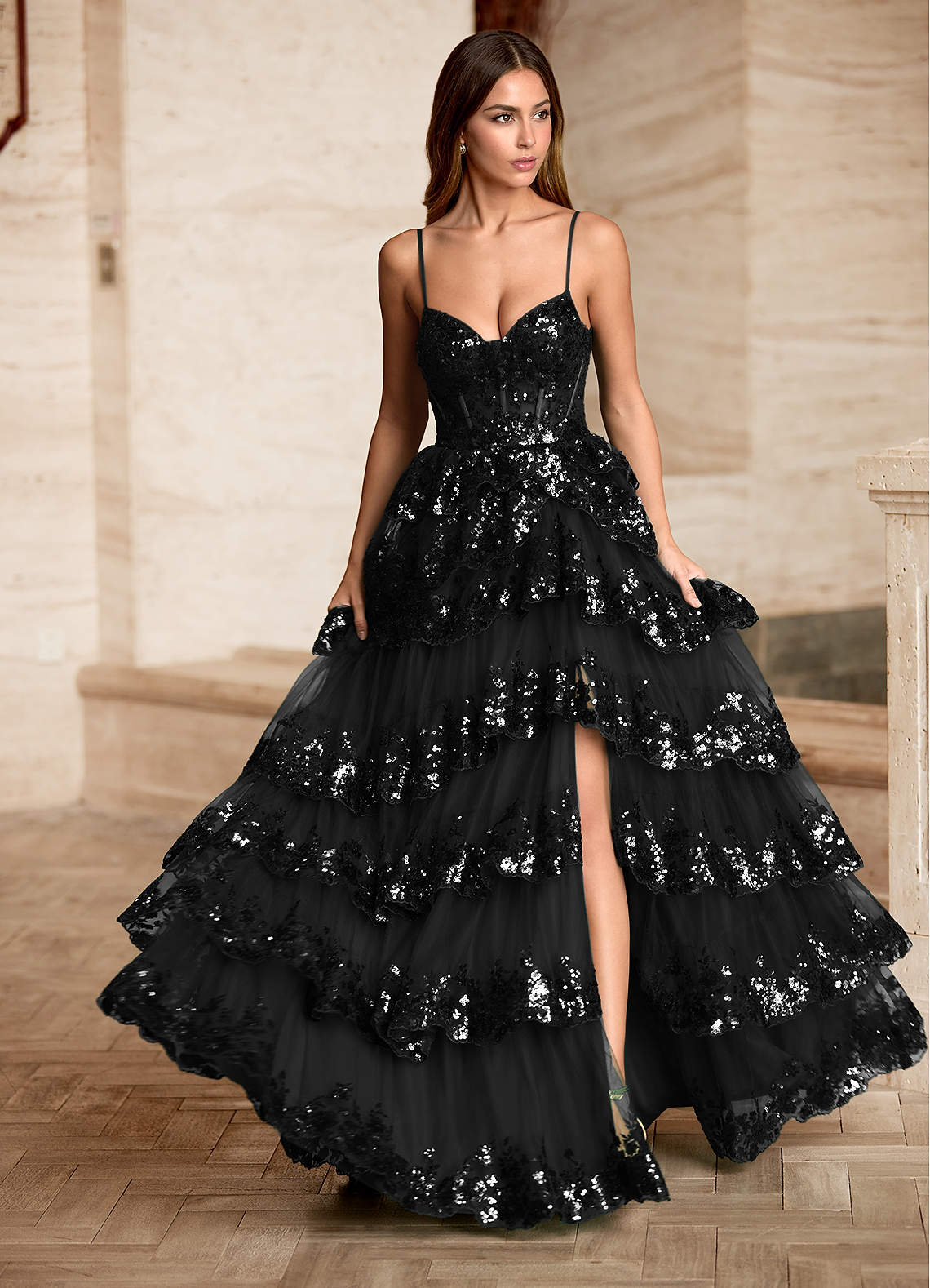 black prom dress with sequins Hot Black Sequin Prom Dress Fitted Sleeveless Formal Dress with Slit Black / US0 main image 1