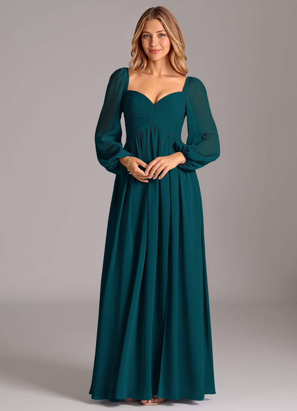 azazie pine bridesmaid dresses Azazie A-Line V-Neck Long Sleeve Floor-Length Chiffon Bridesmaid Dresses
