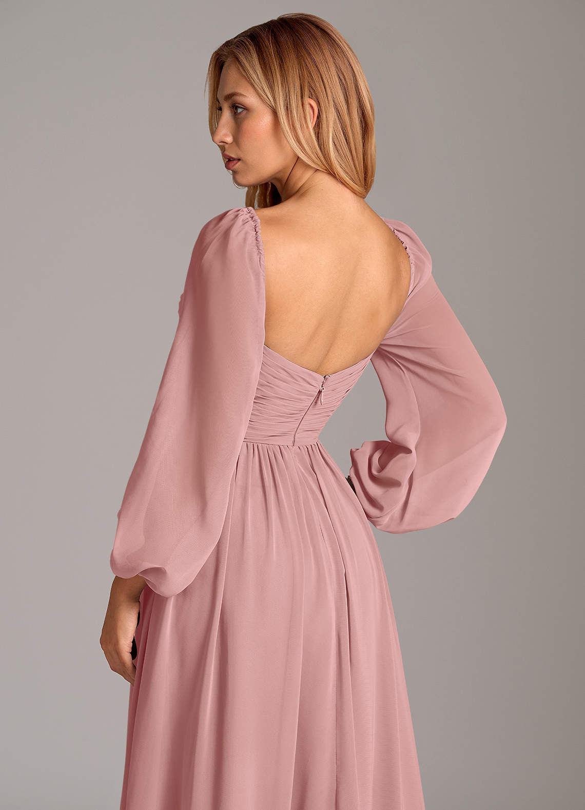 Azazie Bailee At-home Try On Dresses Dusty Rose A-Line Long Sleeve Chiffon Dress image1