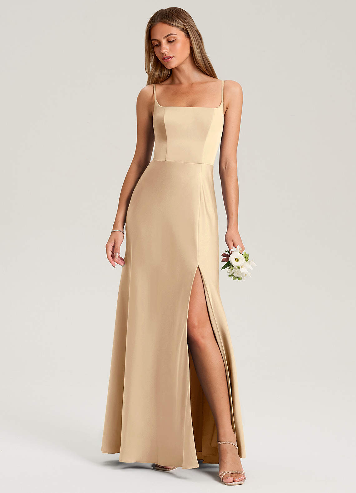 Azazie Lidia Bridesmaid Dresses Champagne Mermaid Side Slit Stretch Satin Dress image1