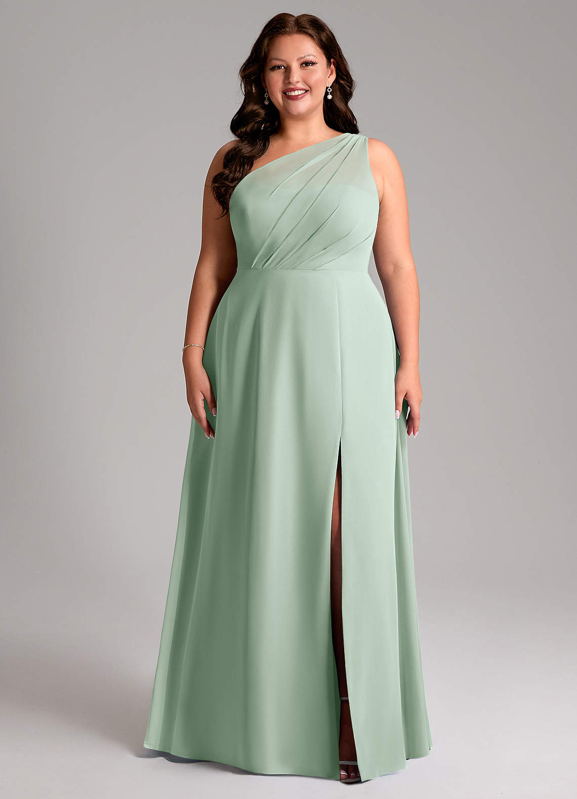 Azazie Phaedra Bridesmaid Dresses Agave A-Line One Shoulder Chiffon Dress image1