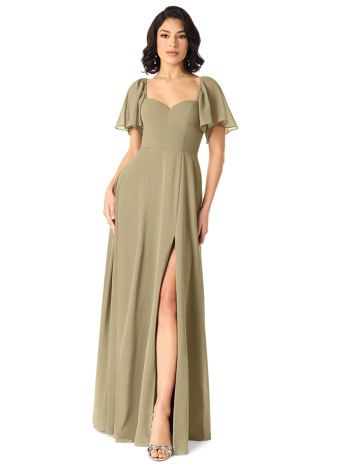 Azazie Chloe Abiti da Damigella Abito A-Line in Chiffon Scollo a Cuore Verde Muschio image1