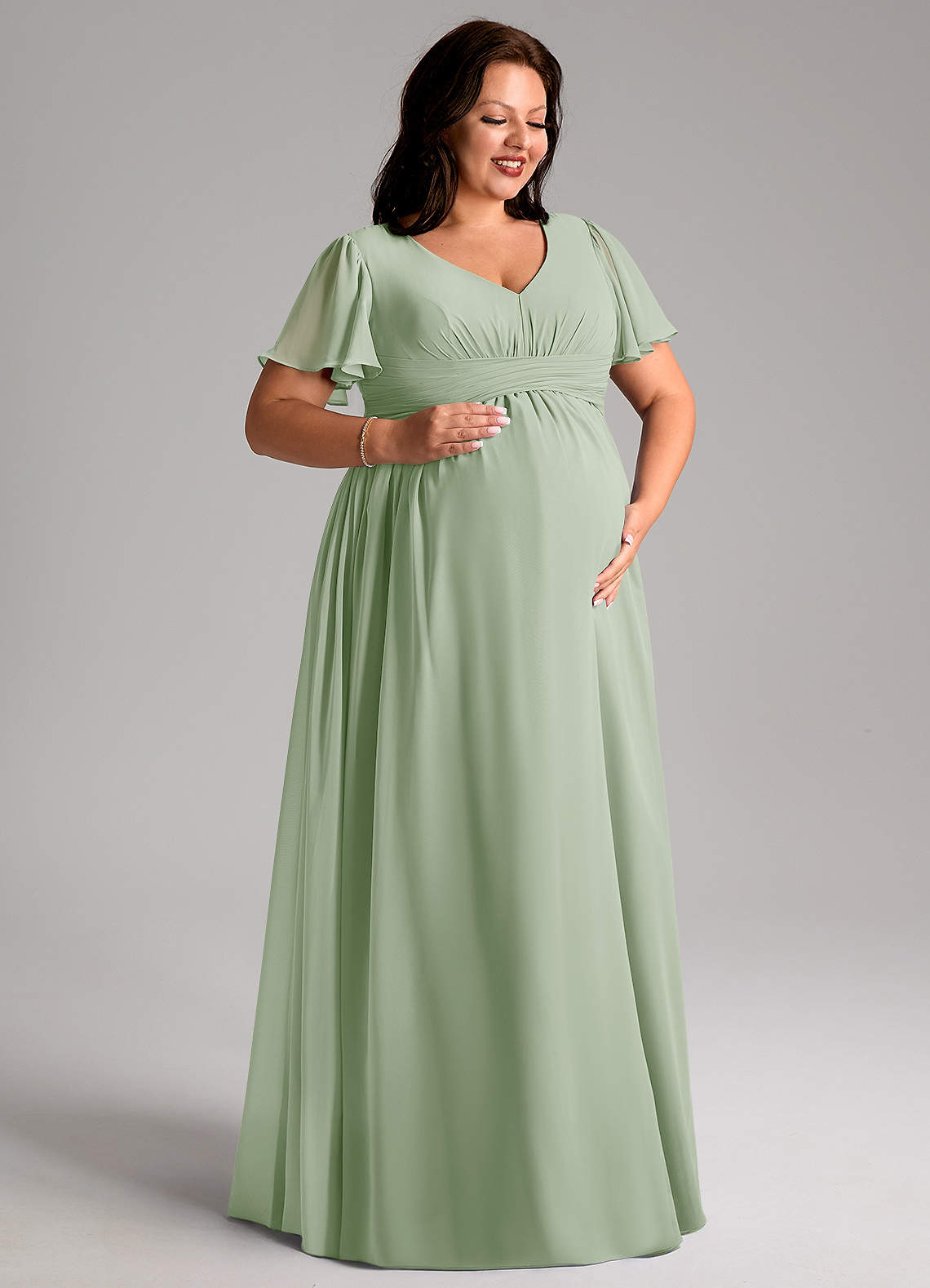Azazie Verna Maternity Bridesmaid Dresses A-Line V-Neck Ruched Chiffon Floor-Length Dress image9