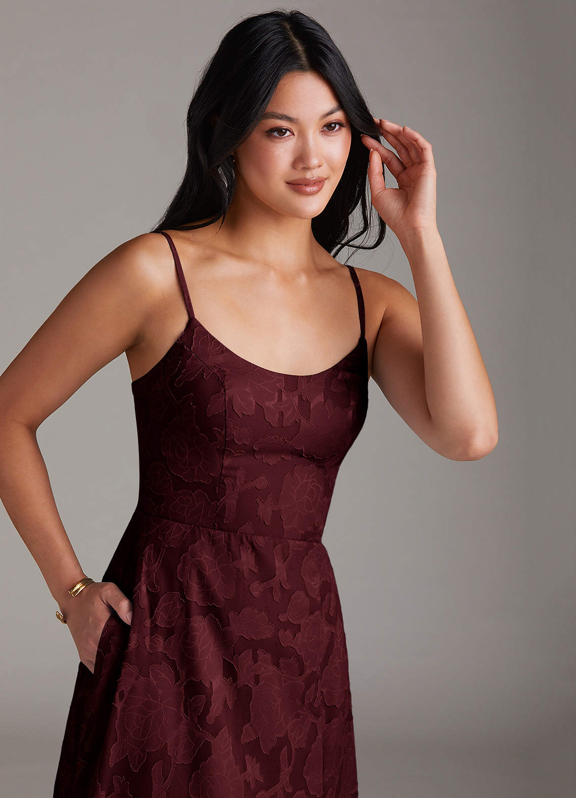 Azazie Moira Bridesmaid Dresses Cabernet A-Line Side Slit Floral Burnout Dress image4