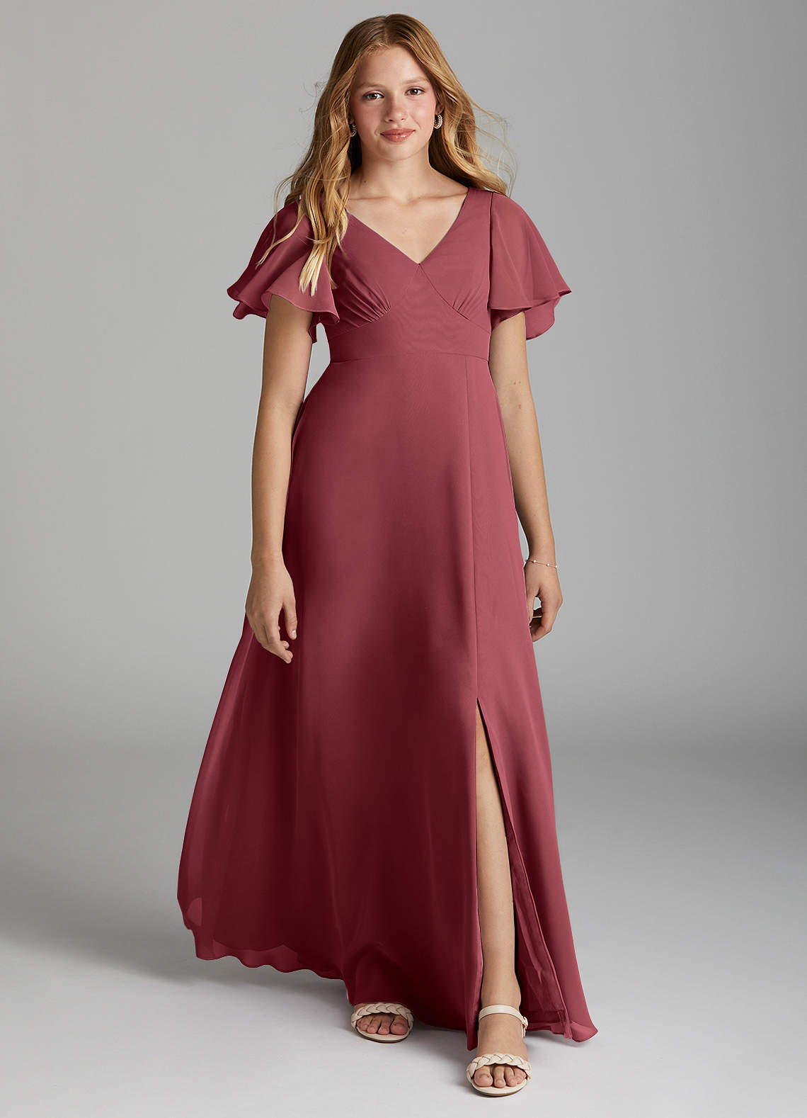 Azazie Kimber Junior Abito A-Line in Chiffon Plissettato Merlot image1