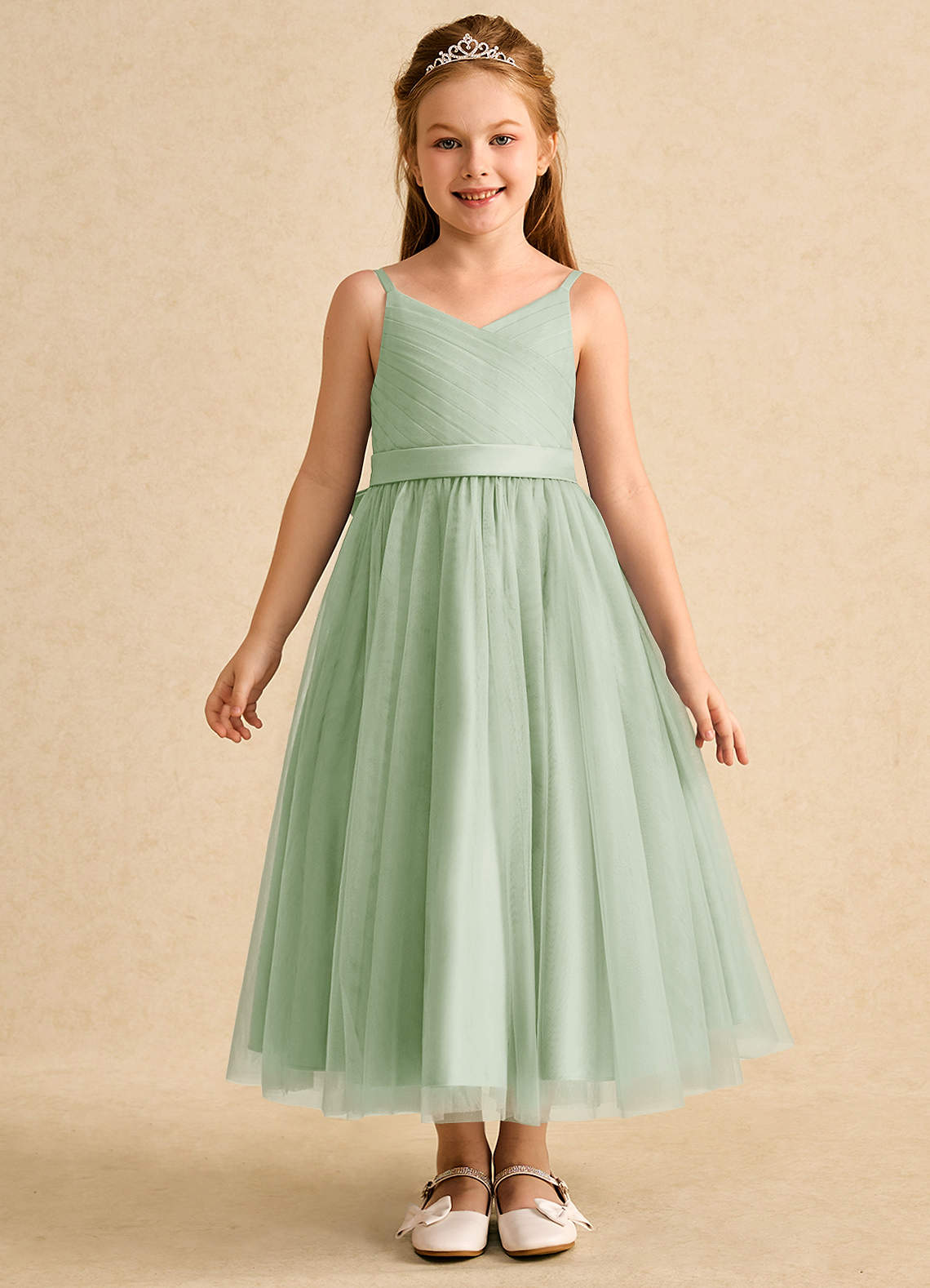 Azazie Patootie vestidos de niña de las flores Vestido de Salvia Polvorienta de Tul de Corte En A con Tirante Espagueti image1