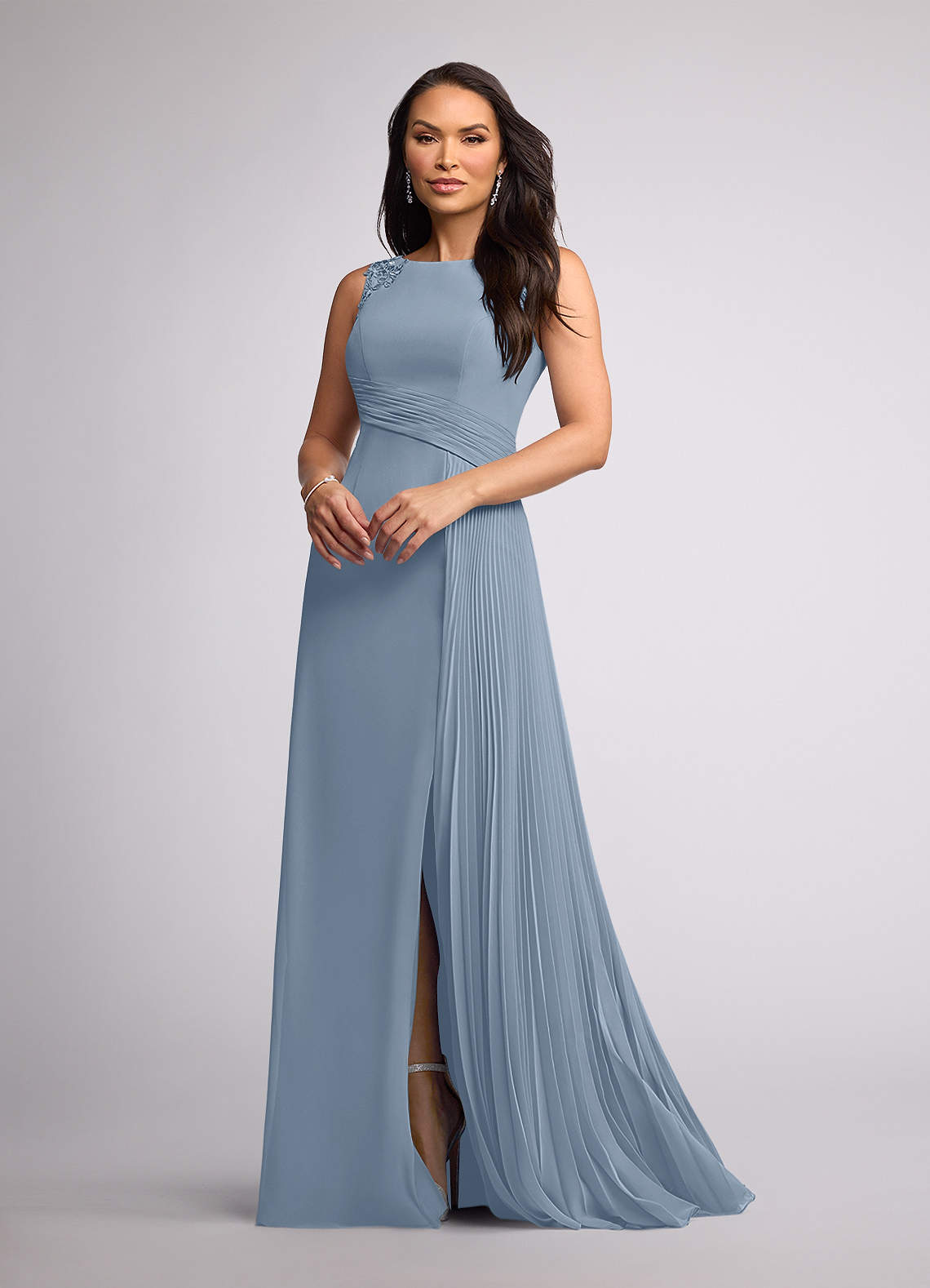 silver blue dress elegant Elegant Blue Satin 3D Flowers Evening Dress with Scarf SS245 main image 1