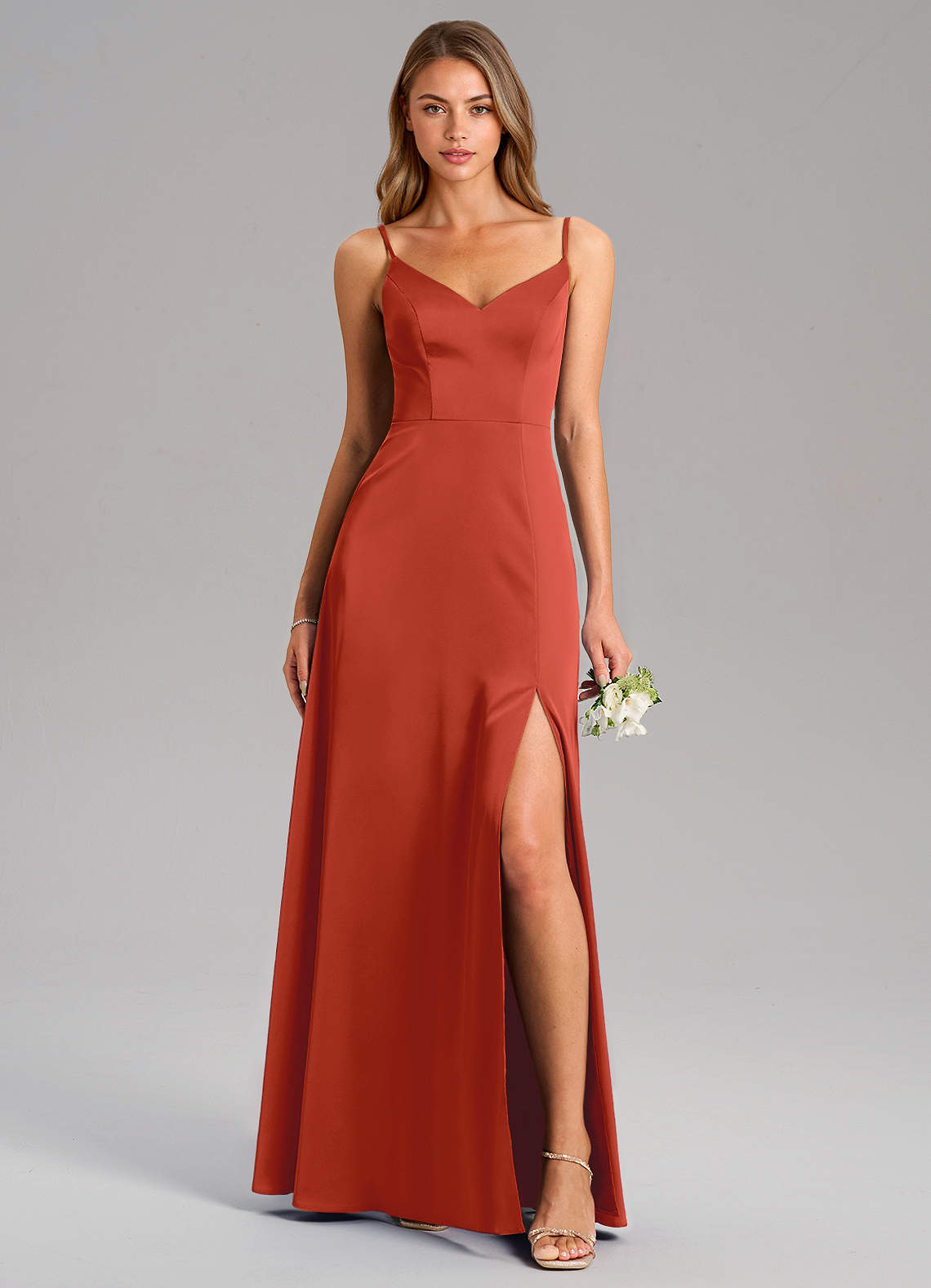 Azazie Talina Robes de demoiselle d'honneur Robe Trapèze en Satin extensible Rouille image1