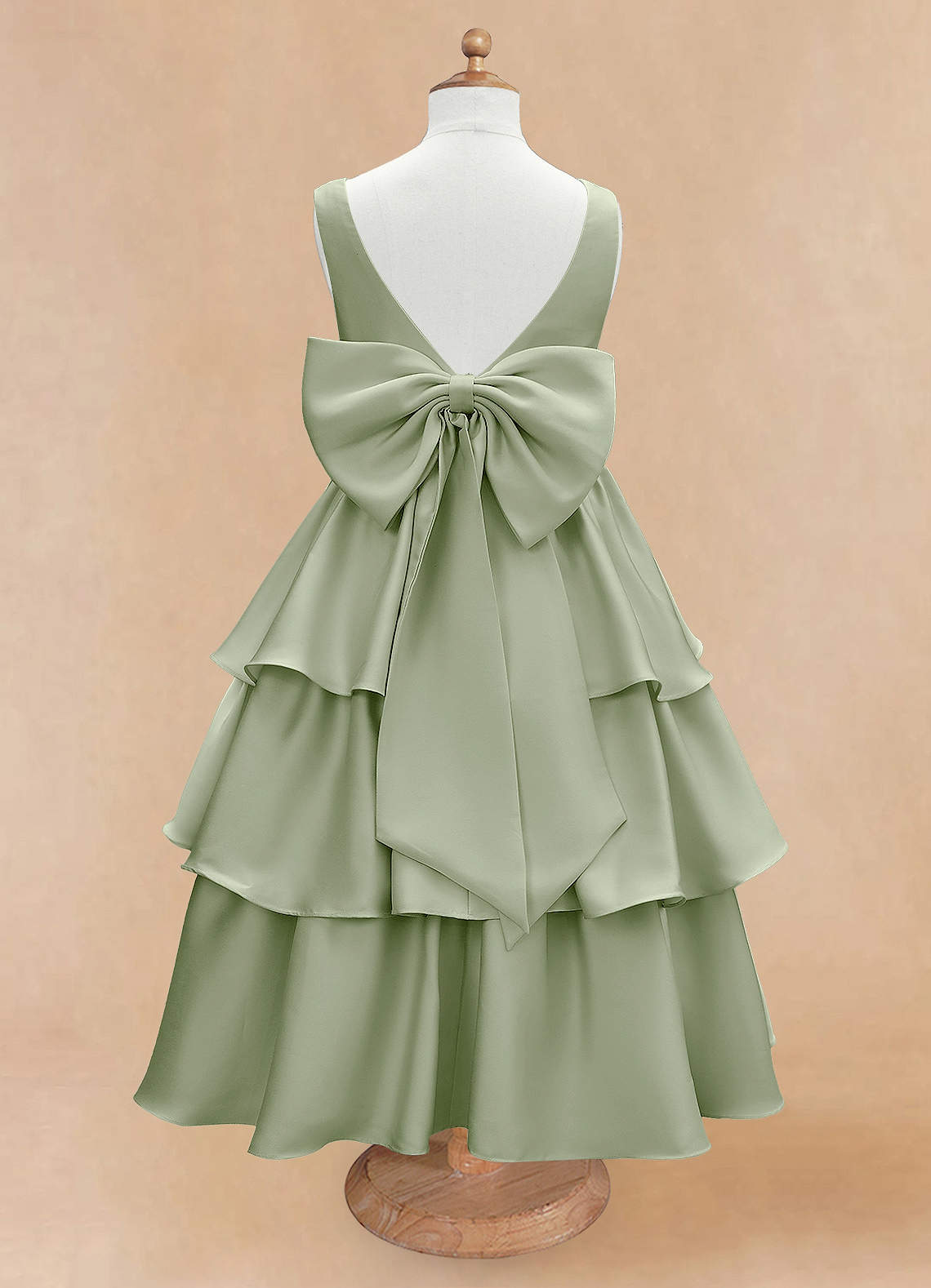 Azazie Margie Flower Girl Dresses Dusty Sage A-Line Bow Stretch Satin Dress image4
