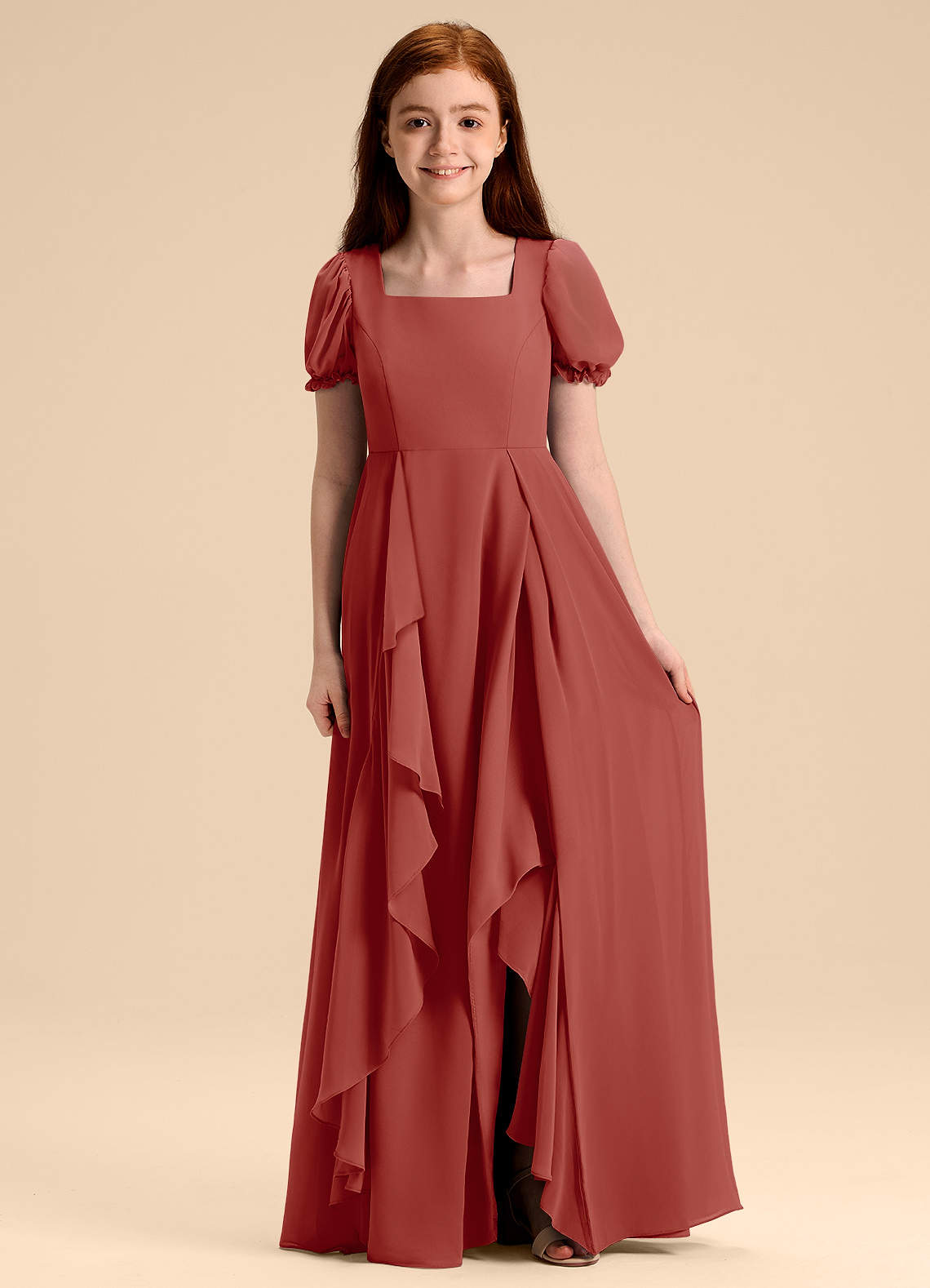 Azazie Priya Junior Terracotta A-Line Blouson Chiffon Dress image1