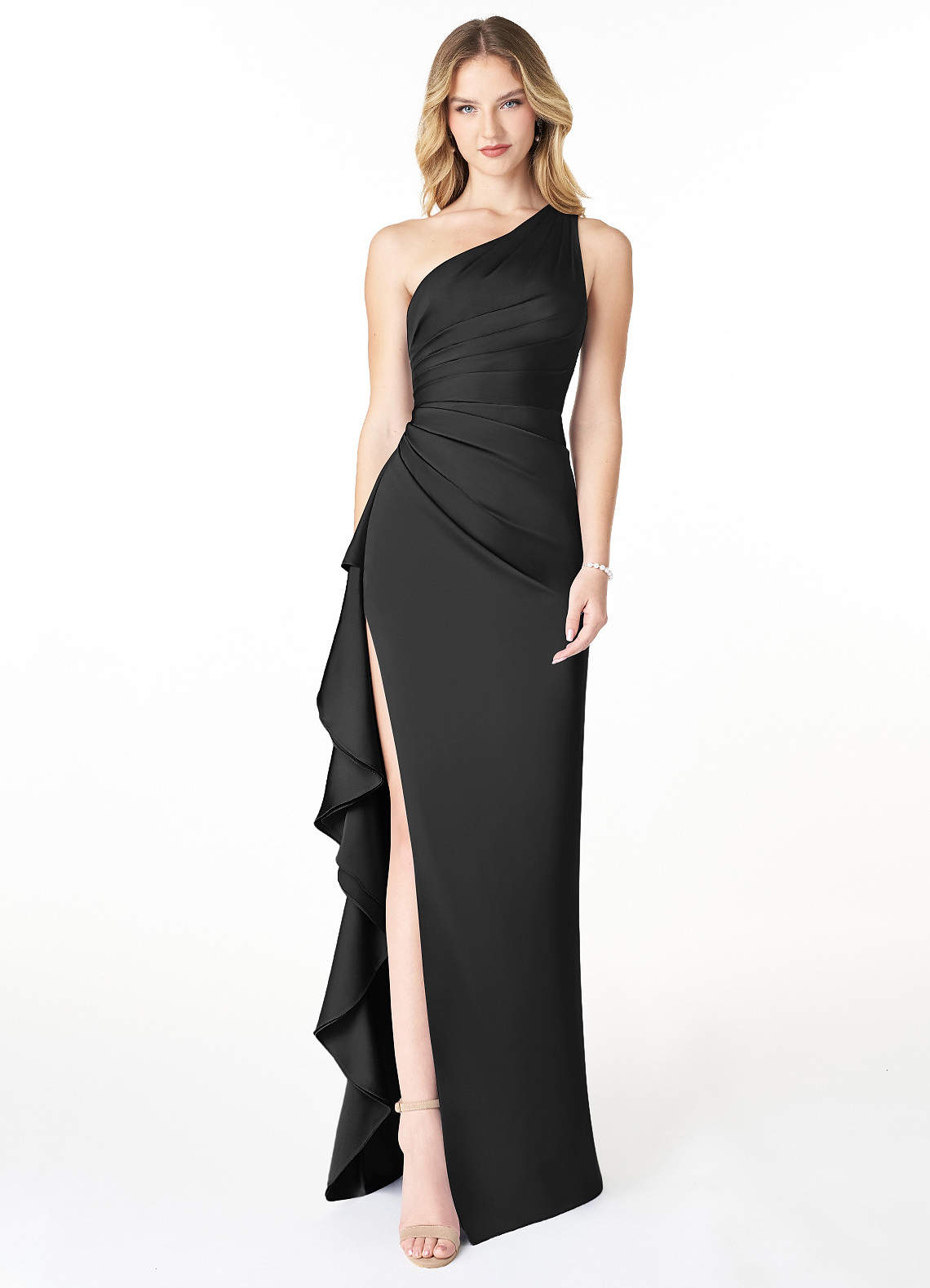 Azazie Latrice Robes de demoiselle d'honneur Robe Fourreau en Satin extensible Volants en cascade à une épaule Noir image1