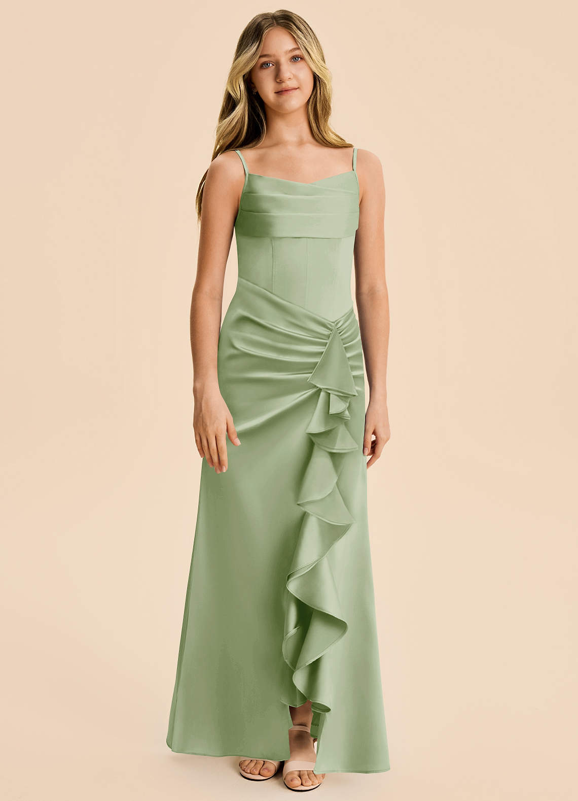 Azazie Rosalia Junior Dusty Sage Sheath Pleated Stretch Satin Dress image5