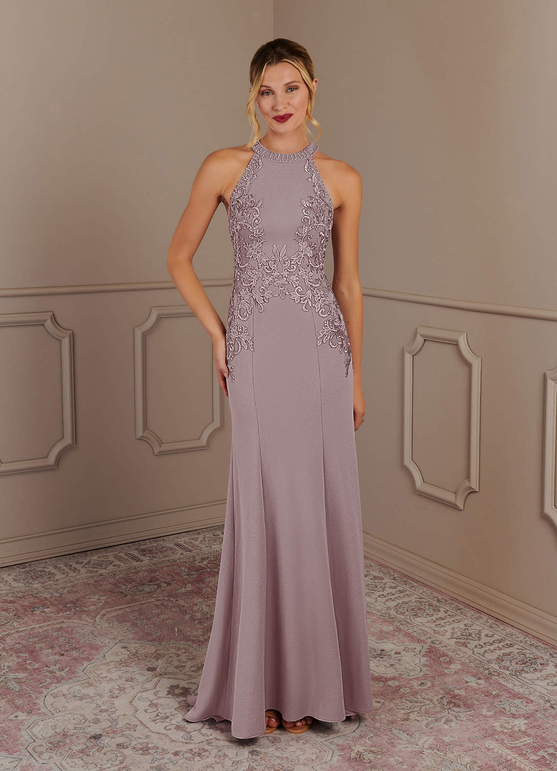 Azazie Tyra Mother of the Bride Dresses Vintage Mauve Mermaid Halter Lace Stretch Crepe Dress image1