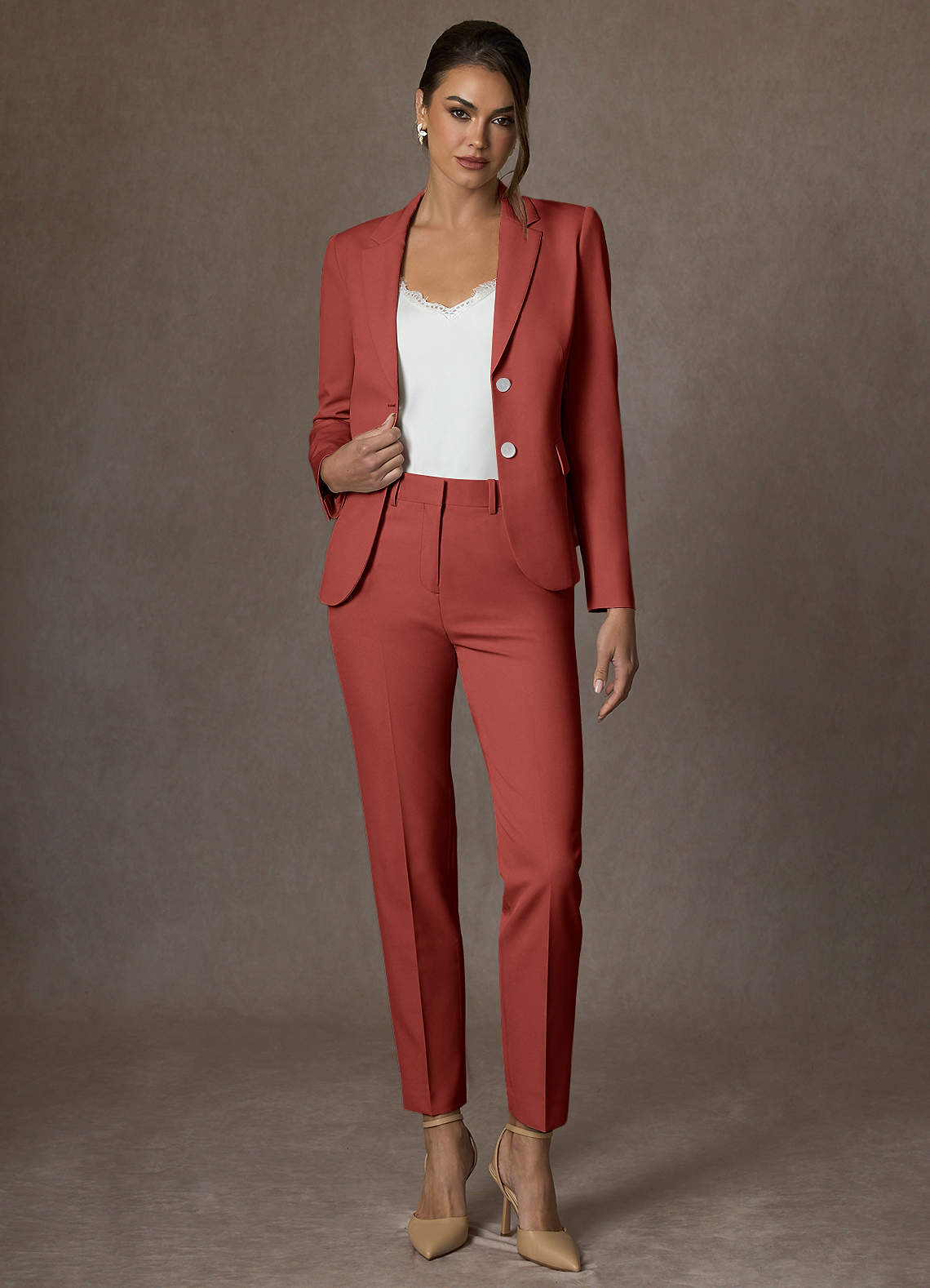 front Whitney Terracotta Structured Stretch Full Length Pants Suit