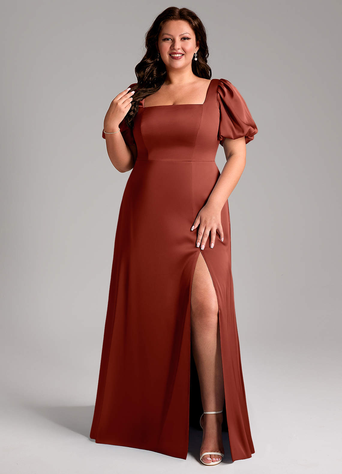Azazie Fyona Bridesmaid Dresses Terracotta A-Line Pleated Stretch Satin Dress image1