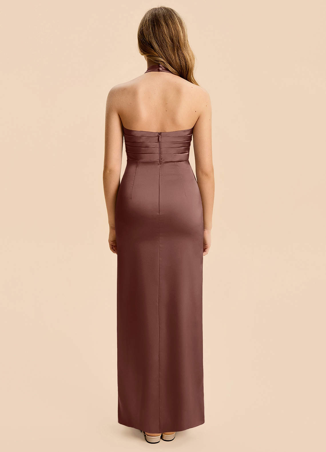 Azazie Jemma Junior Espresso Sheath Ruched Stretch Satin Dress image1