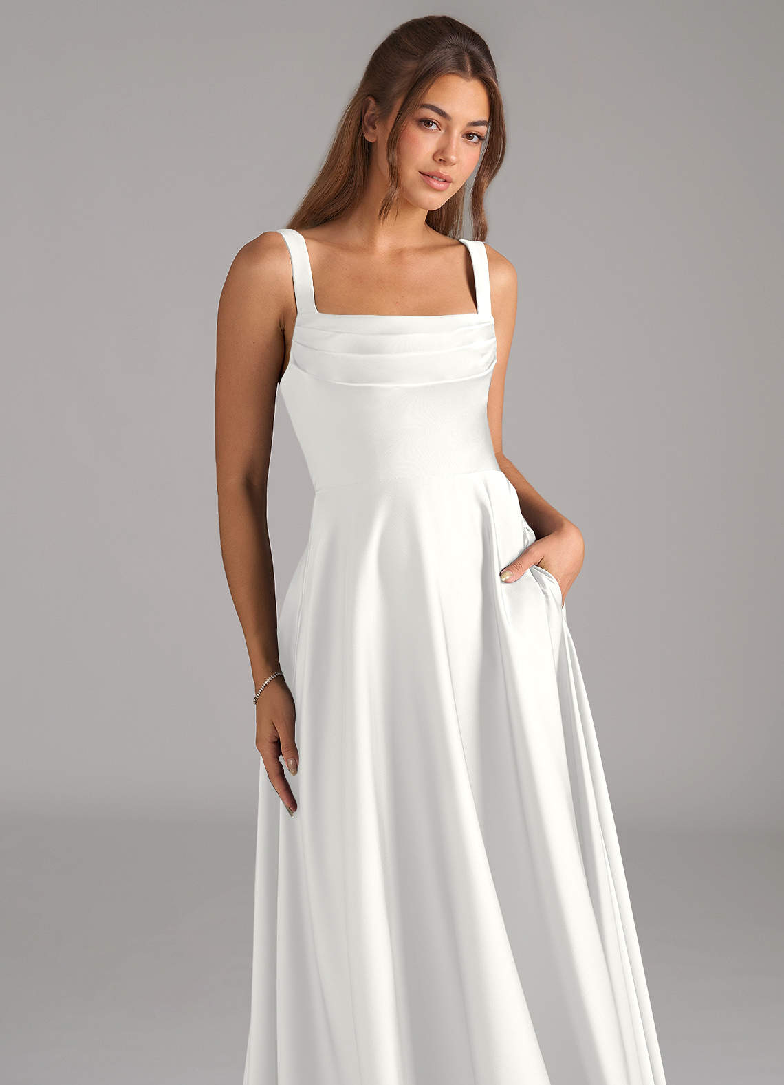 Azazie Shaude Bridesmaid Dresses White A-Line Pleated Stretch Satin Dress image1