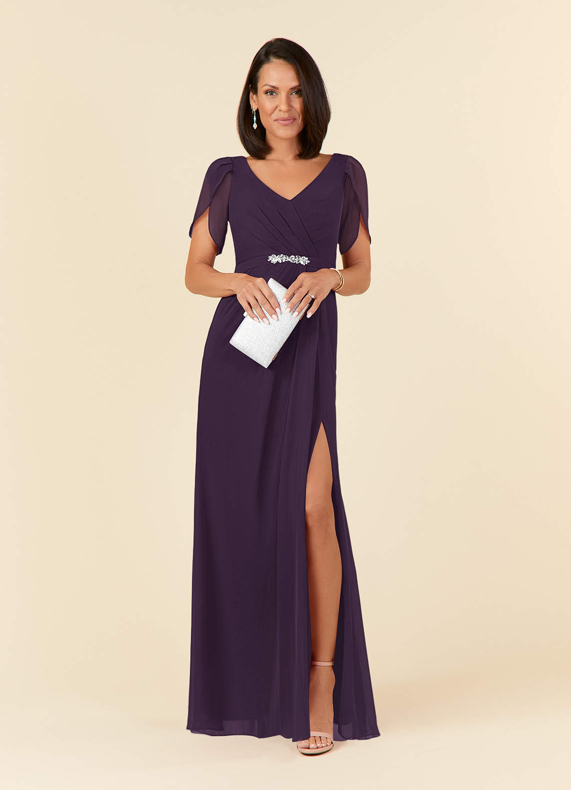 Azazie Marianne Mother of the Bride Dresses Plum Sheath V-Neck Pleated Chiffon Dress image3