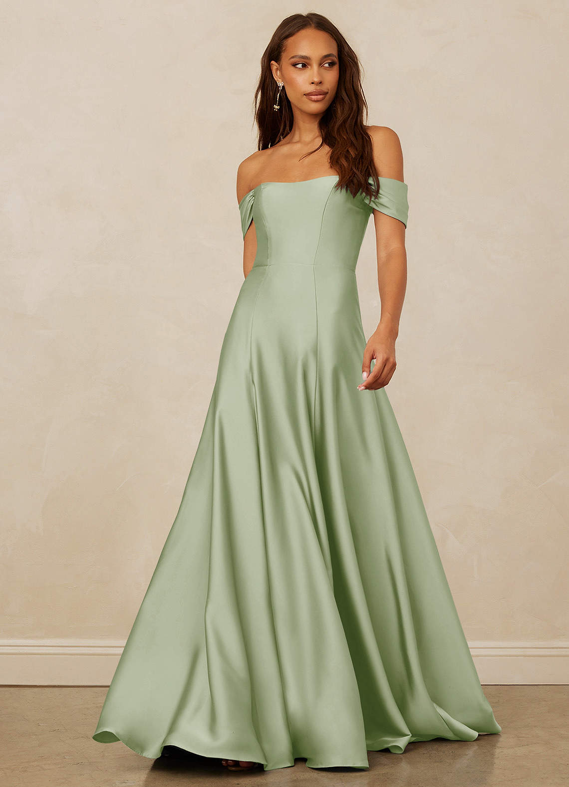 Christian Siriano Bridal for Azazie 1002 Bridesmaid Dresses Dusty Sage A-Line Off the Shoulder Stretch Satin Convertible Dress image1