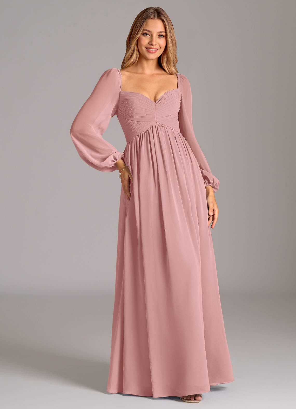 Azazie Bailee At-home Try On Dresses Dusty Rose A-Line Long Sleeve Chiffon Dress image4