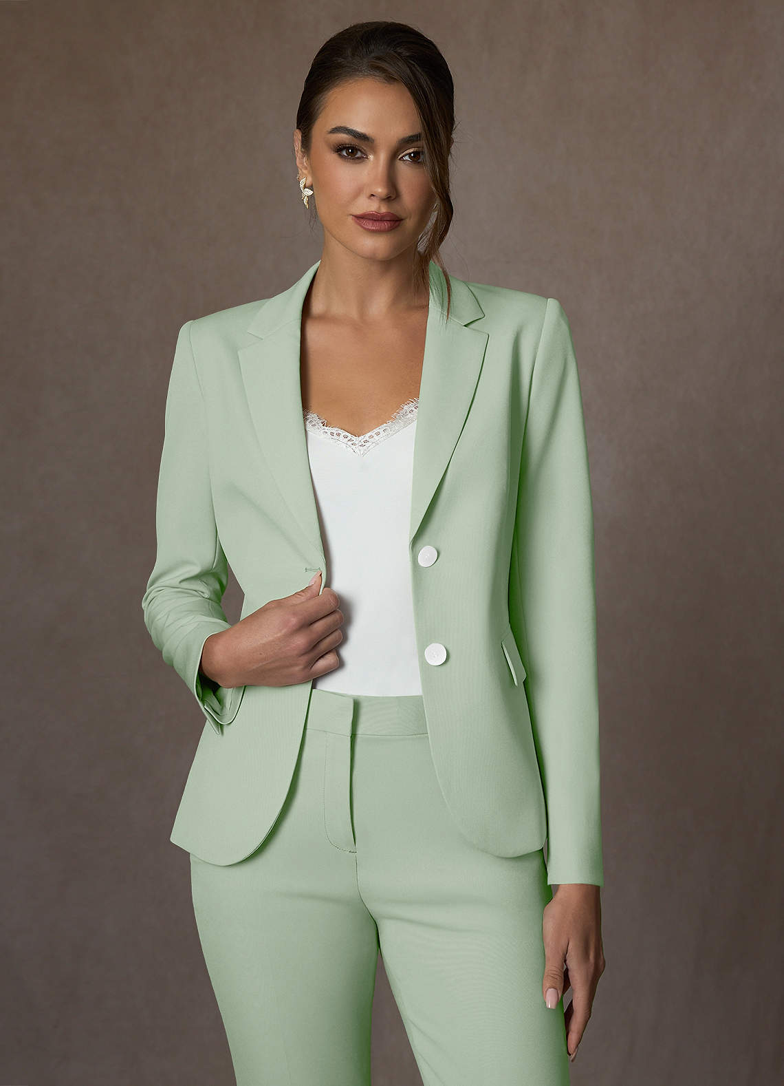 front Whitney Dusty Sage Structured Stretch Cropped Pants Suit