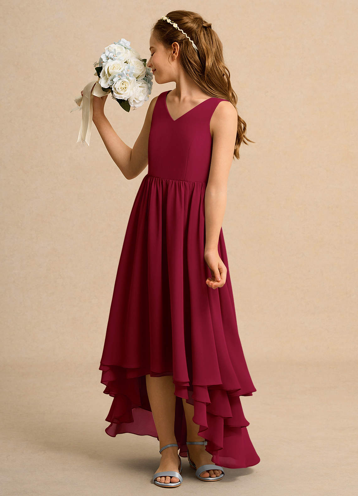 formal red dress for girls Ava Presley Girls 39891 Size 14 Red Long Pageant Ball Gown One Shoulder Layer Ruffle Bow Drop Waist Formal
