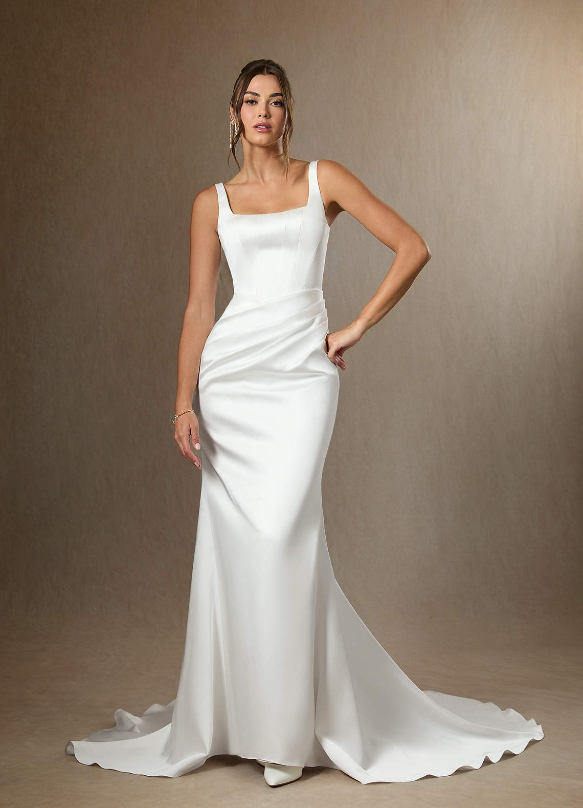 Azazie Wynona Bröllopsklänningar Klä av Sjöjungfru i Dubbelsidig satin Fyrkantig halsringning Diamantvit image3