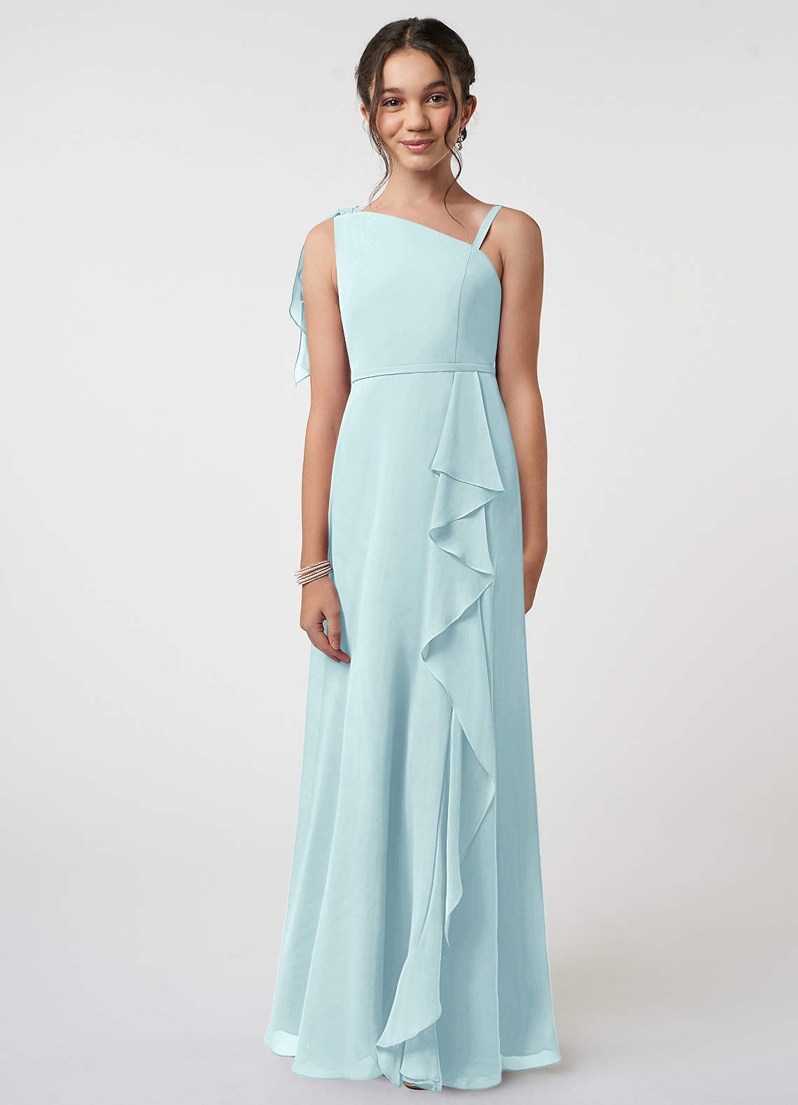 Azazie Aidy Junior A-Linie Schleifen Chiffon Kleid Seegrün image1