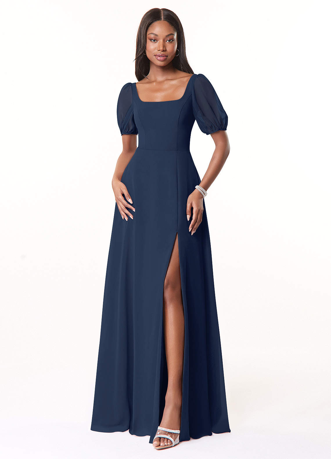 Azazie Alani Vestidos de madrinha de casamento Vestir Azul Marinho de Chiffon de Linha A com com bolsos image1