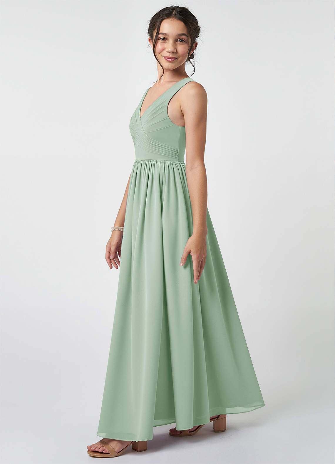 Azazie Keyla Junior Agave A-Line Pleated Chiffon Dress image2