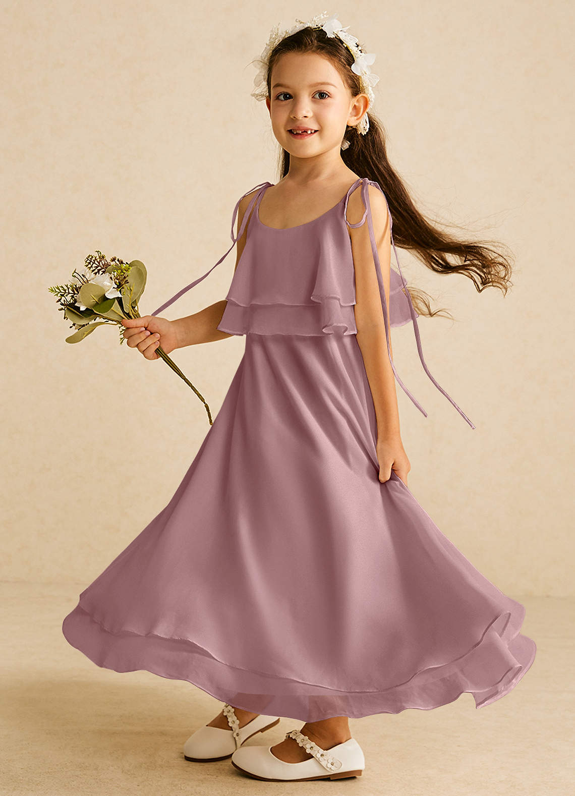 Azazie Temi Vestido de Rosa Polvorienta de Gasa de Corte En A con