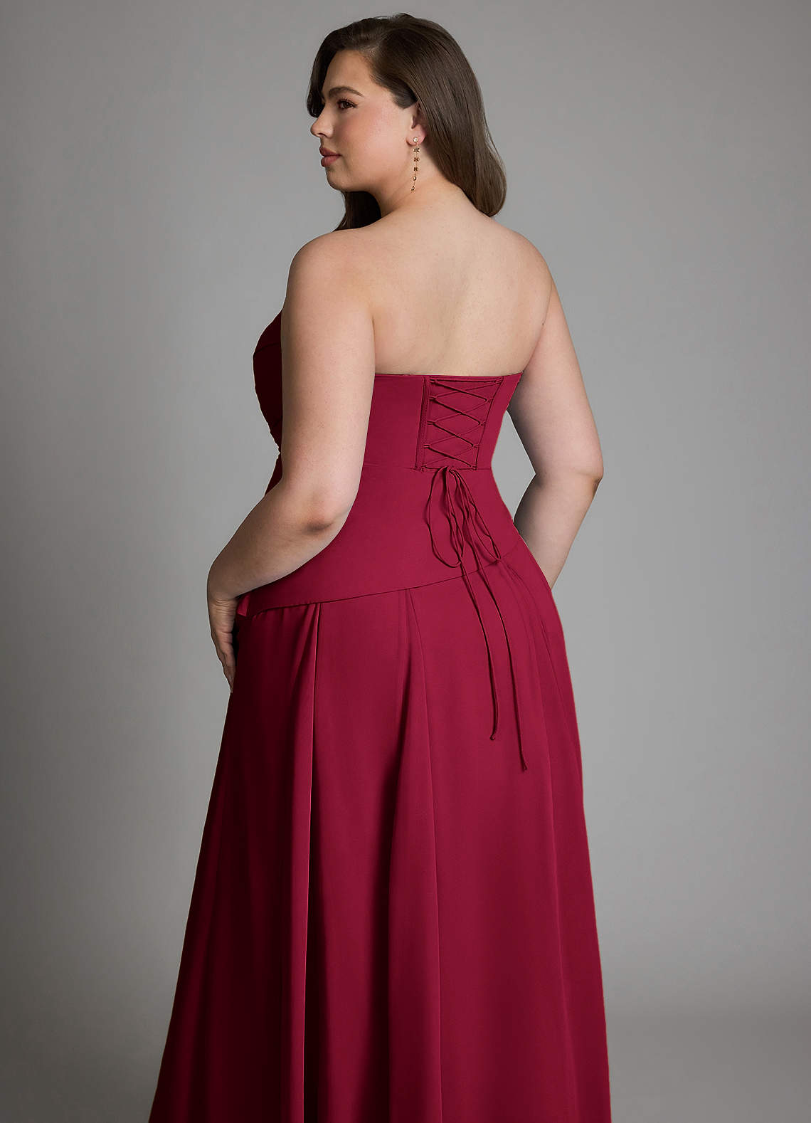 Azazie Gabriela At-home Try On Dresses Burgundy A-Line Corset Chiffon Dress image24