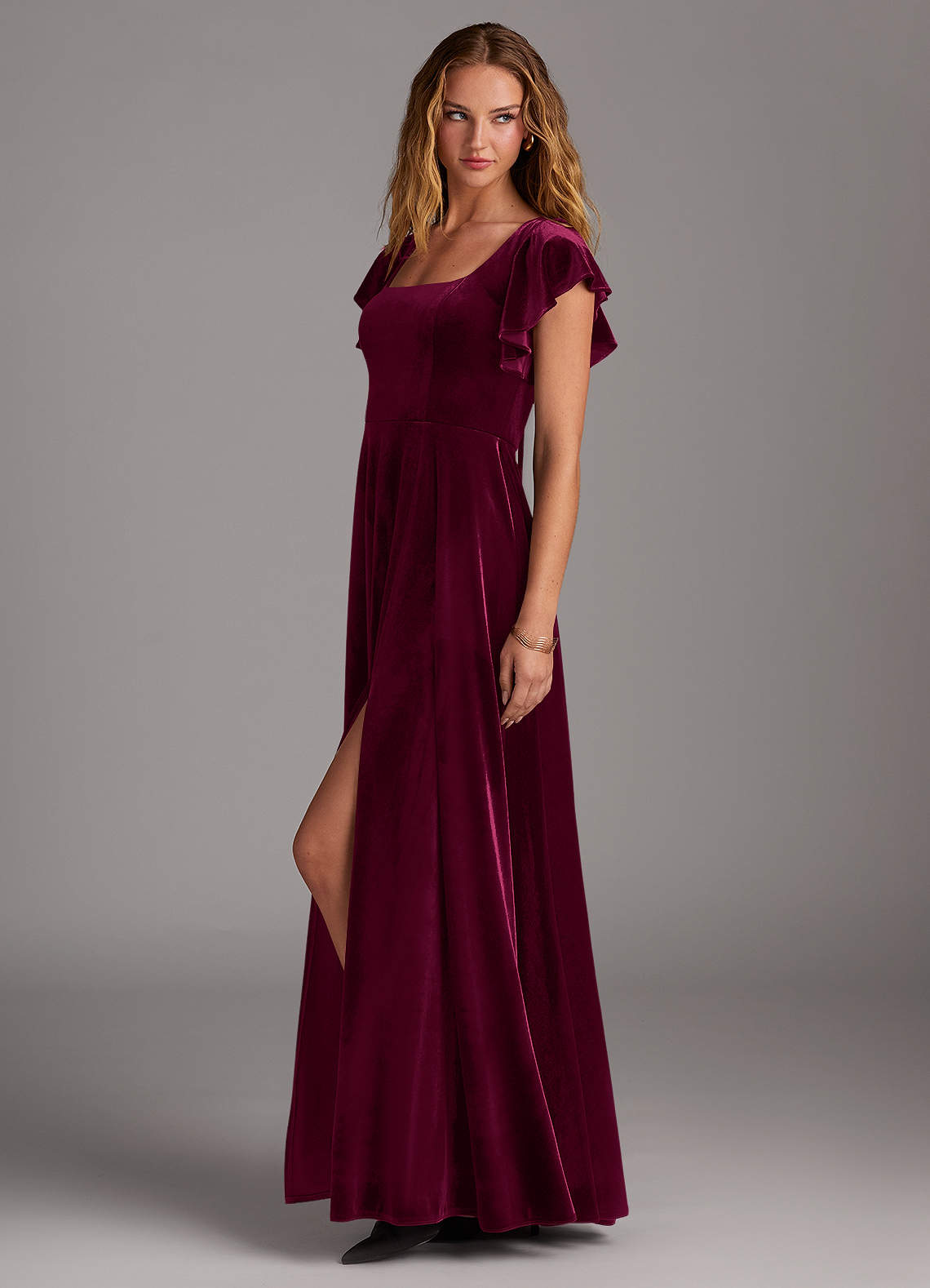 Azazie Bondi Bridesmaid Dresses Cabernet A-Line Side Slit Velvet Dress image4
