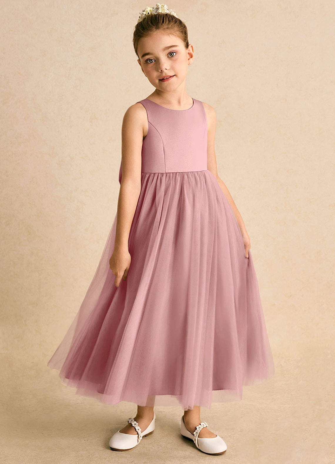 Azazie Solia Flower Girl Dresses Dusty Rose Ball-Gown Bow Tulle Dress image3