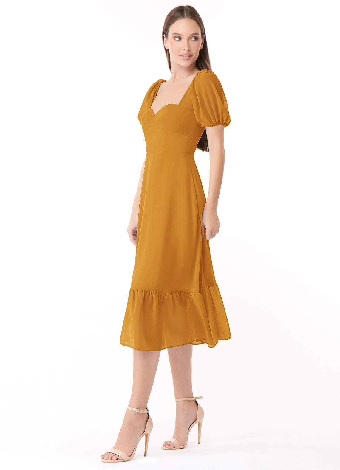 Yellow Chiffon Tea Length Dresses