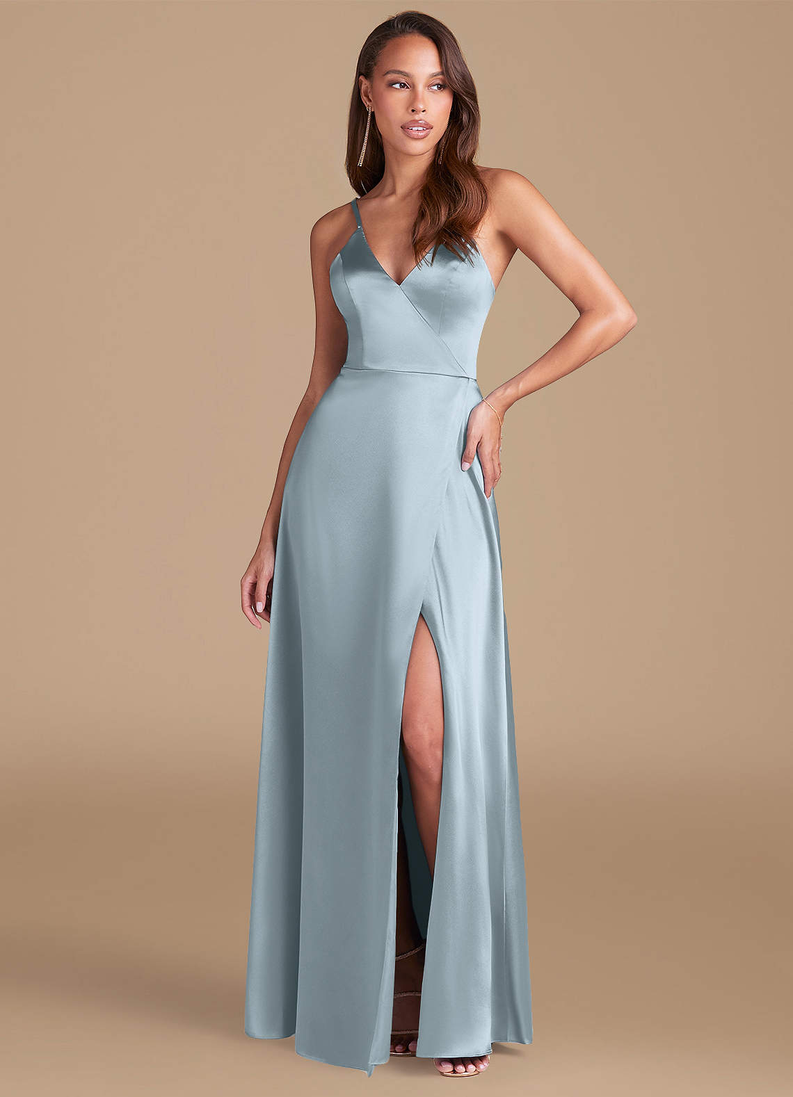 Azazie Maksim Ready to Ship Dusty Blue Metallic Satin Bridesmaid Dresses |  Azazie