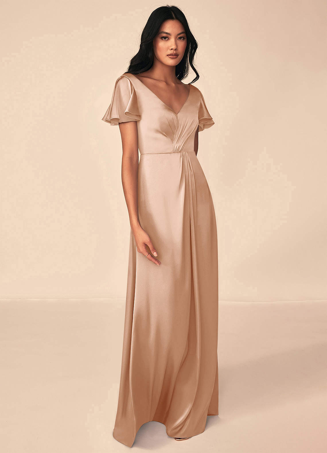 Azazie Soren Bridesmaid Dresses English Rose A-Line Pleated Stretch Satin Dress image3