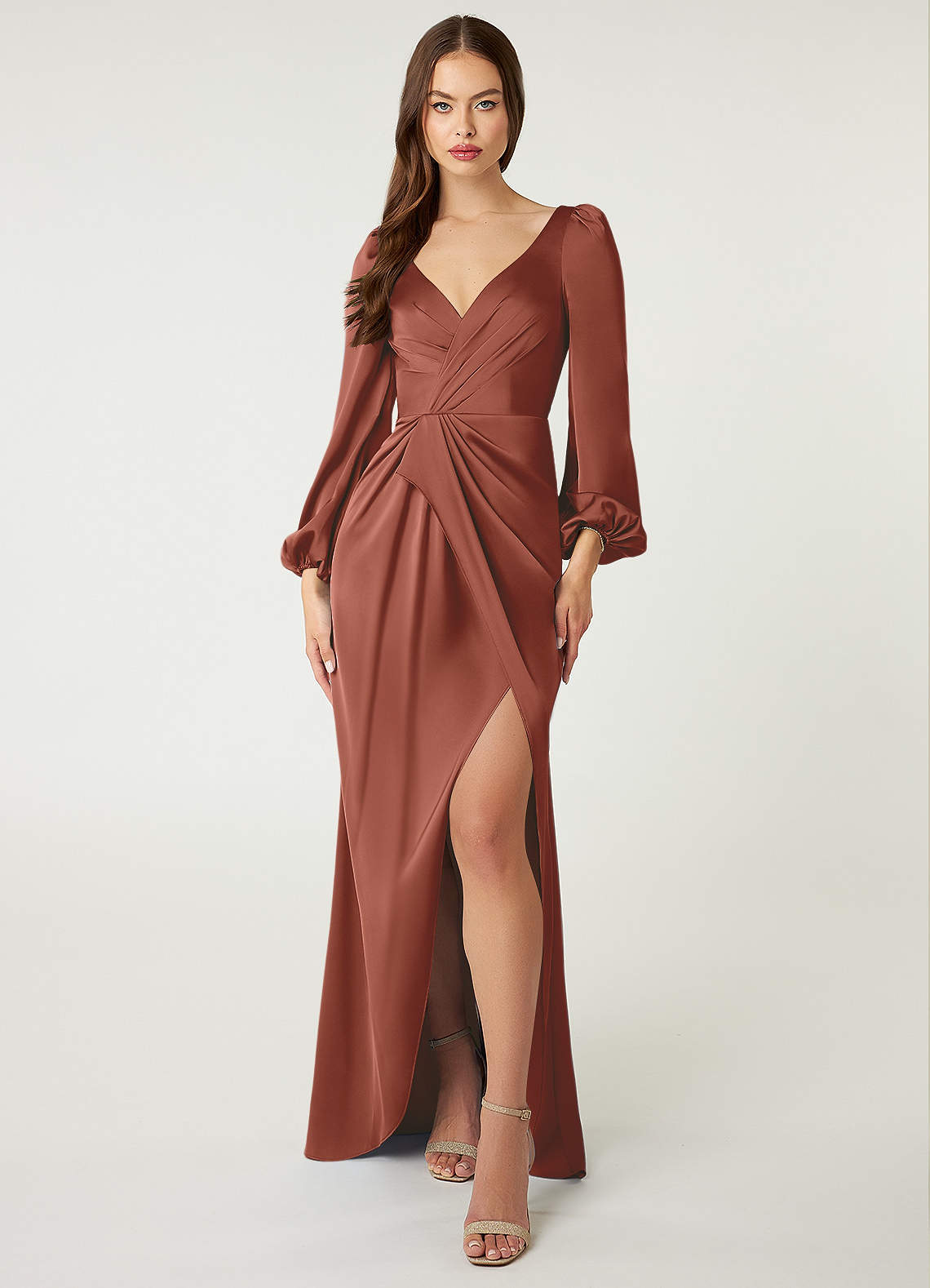 Azazie Mel Bridesmaid Dresses Auburn Sheath Long Sleeve Stretch Satin Dress image1