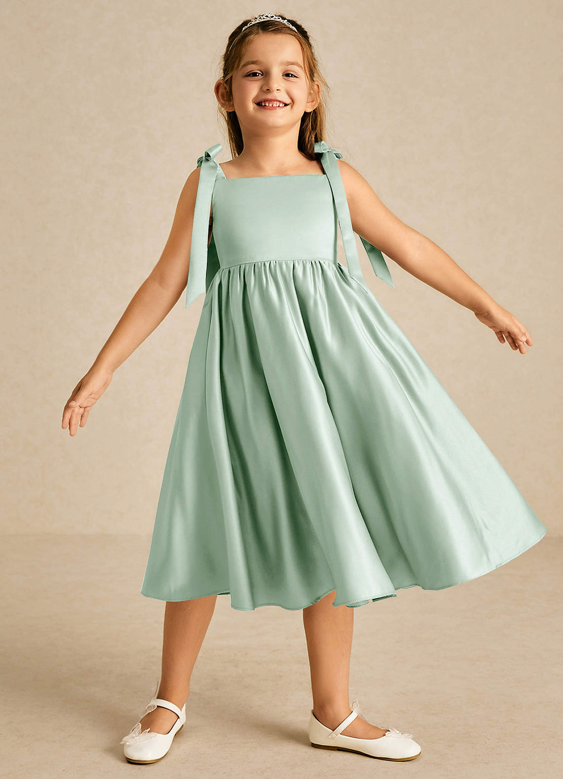 Azazie Chelsie Flower Girl Dresses Agave A-Line Bow Matte Satin Dress image1