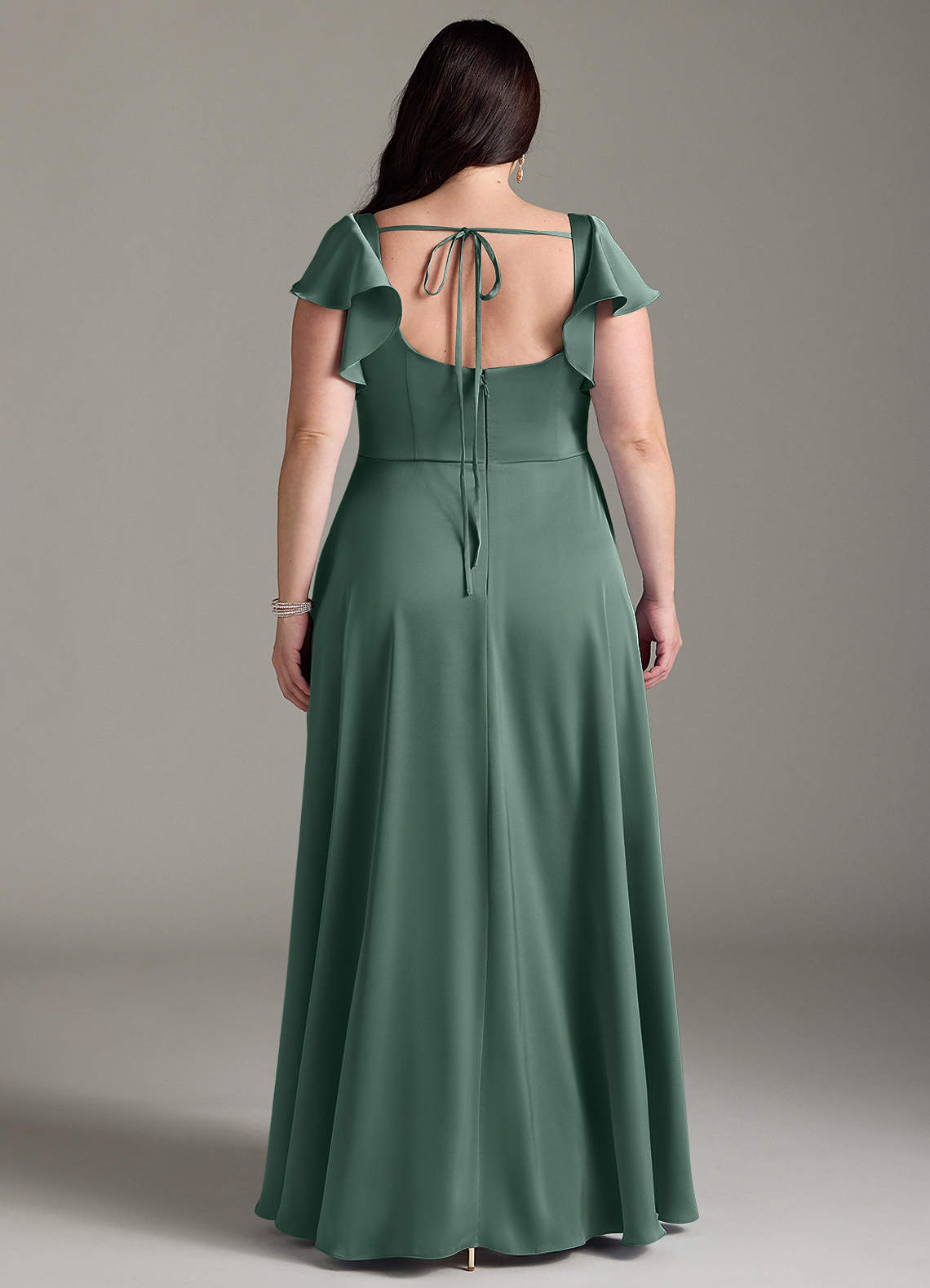 Azazie Bondi Bridesmaid Dresses Eucalyptus A-Line Bow Stretch Satin Dress image7